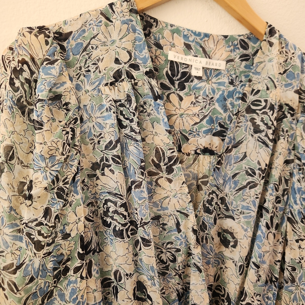 Veronica Beard Silk Dress Maggie Floral Print 3/4 Sleeve Shirred Mini Blue Sz 4 - Picture 4 of 16